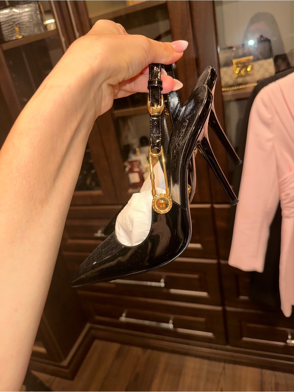 Black Patent Leather Pointed-Toe Slingback Pumps with Gold Accent include box - Picture 5 of 9